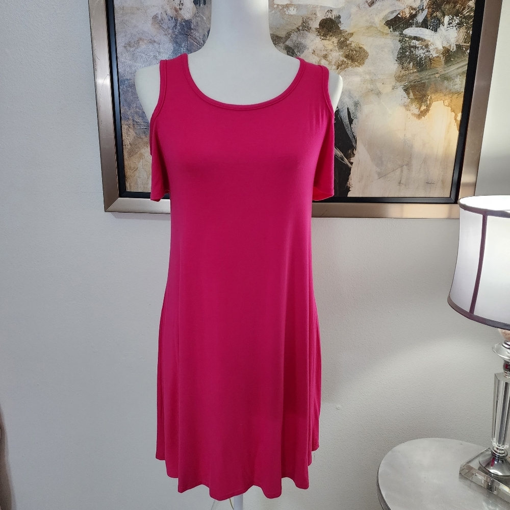 TMG Pink Cotton Dress with Cold Shoulder Sleeves & Criss Crossed Back
